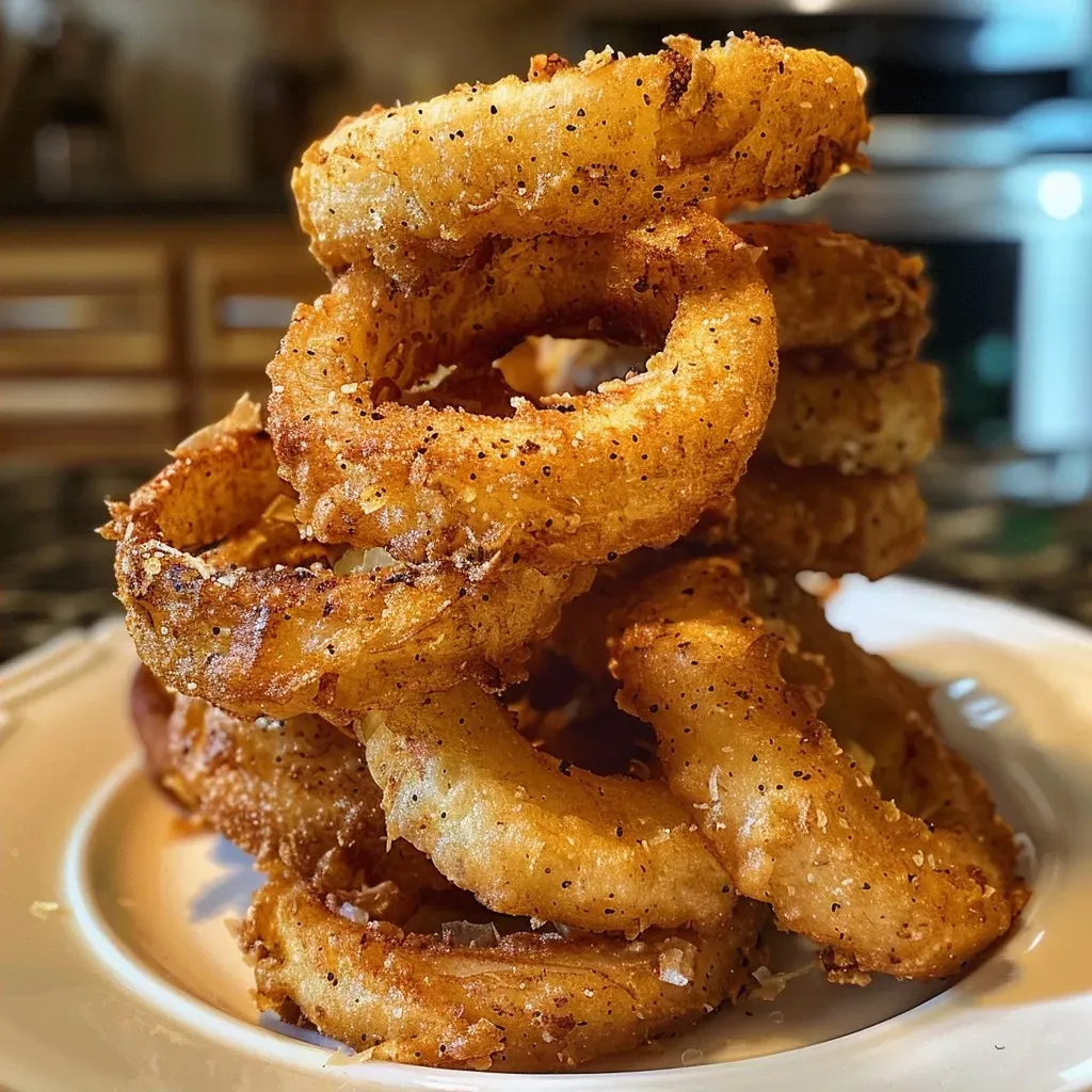 ['Close-up view of golden crispy onion rings with a bowl of dipping sauce.', 'Thickly sliced onion rings, fried to a crispy golden brown, served with a tangy dip.', 'A tantalizing plate of crispy onion rings, showcasing the texture and dipping sauce.', 'Side view of freshly fried onion rings, highlighting their crunchiness and served with sauce.']