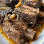 ['Close-up view of juicy Crock Pot Short Ribs garnished with herbs.', 'Side view of succulent beef short ribs cooked in a Crock Pot.', 'Appetizing Crock Pot Short Ribs showcasing rich sauce and tender meat.', 'Deliciously plated short ribs with herbs, ready to be served.']