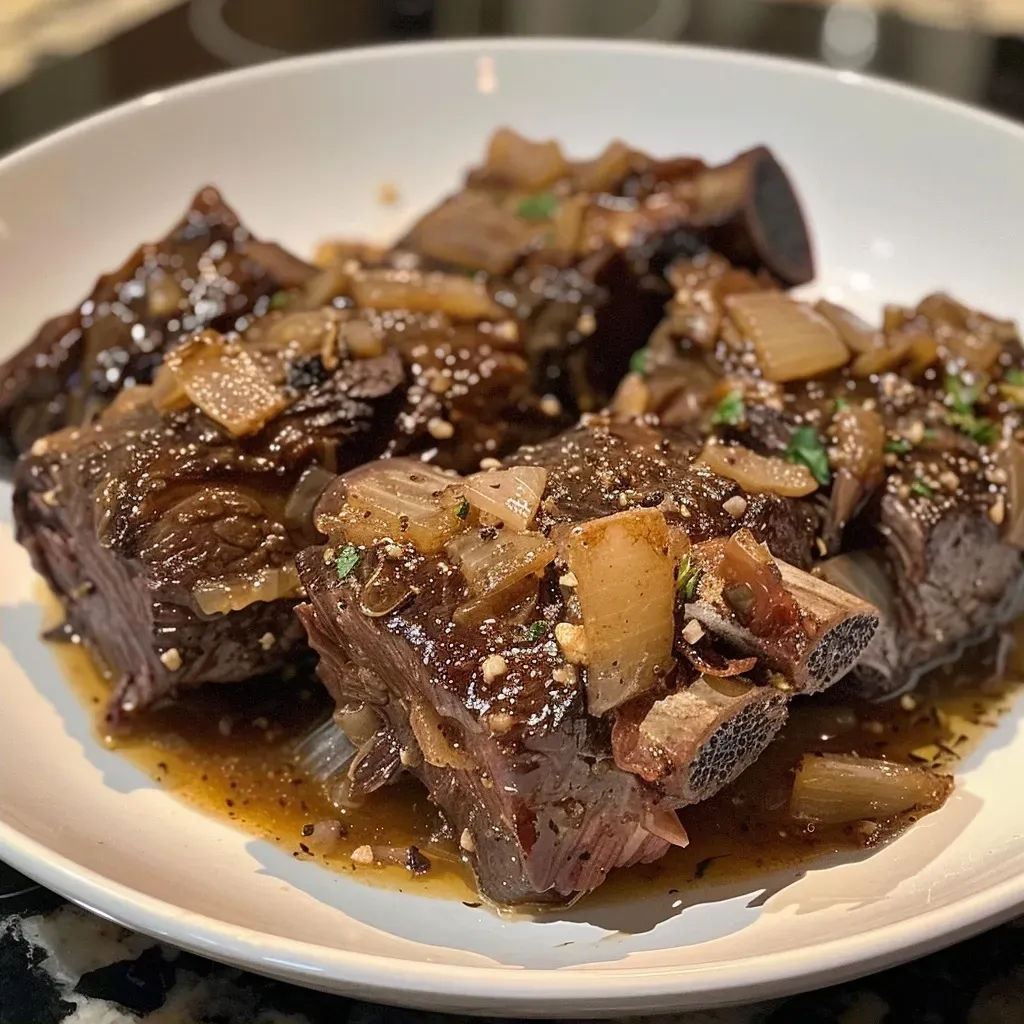 ['Close-up view of juicy Crock Pot Short Ribs garnished with herbs.', 'Side view of succulent beef short ribs cooked in a Crock Pot.', 'Appetizing Crock Pot Short Ribs showcasing rich sauce and tender meat.', 'Deliciously plated short ribs with herbs, ready to be served.']