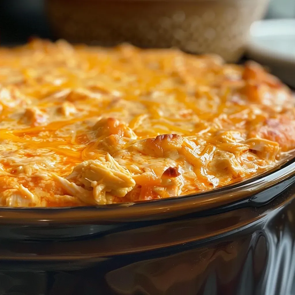 ['A close-up view of creamy Buffalo Chicken Dip in a crockpot, garnished with cheese.', 'Juicy Buffalo Chicken Dip showcased in a slow cooker, featuring a rich, creamy texture.', 'Side angle of a crockpot filled with Buffalo Chicken Dip, highlighting the melted cheese and ingredients.', 'Delicious, savory Crockpot Buffalo Chicken Dip in a slow cooker, ready to serve.']