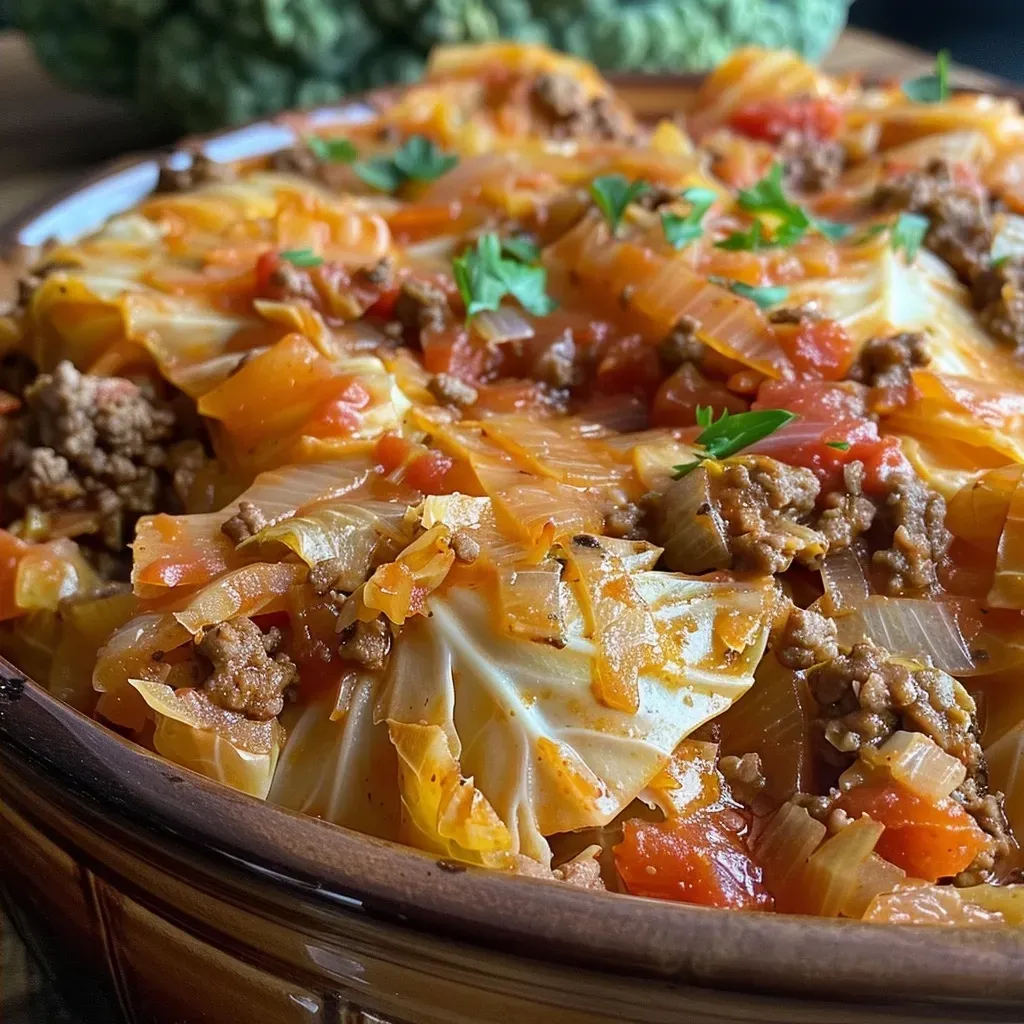 ['A close-up side view of a Crockpot Cabbage Roll Casserole, showcasing the layered ingredients.', 'Juicy and colorful Crockpot Cabbage Roll Casserole in a dish, with cabbage and meat visibly layered.', 'Side view of a Crockpot Cabbage Roll Casserole, highlighting its rich textures and vibrant colors.', 'A detailed close-up of a casserole dish filled with Crockpot Cabbage Roll Casserole, garnished and ready to serve.']