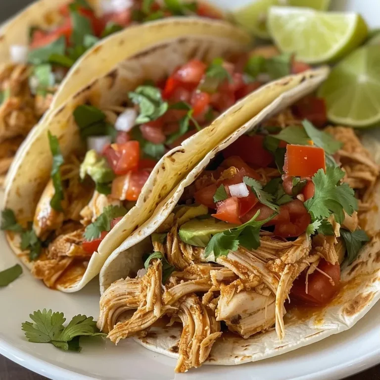 ['Close-up view of juicy Crockpot Chicken Tacos with colorful toppings.', 'Side view of tacos filled with shredded chicken, garnished with cilantro and lime.', 'Delicious chicken tacos on a plate with pico de gallo, guacamole, and cheese.', 'Tacos featuring shredded chicken, vibrant toppings, and a lime wedge for garnish.']