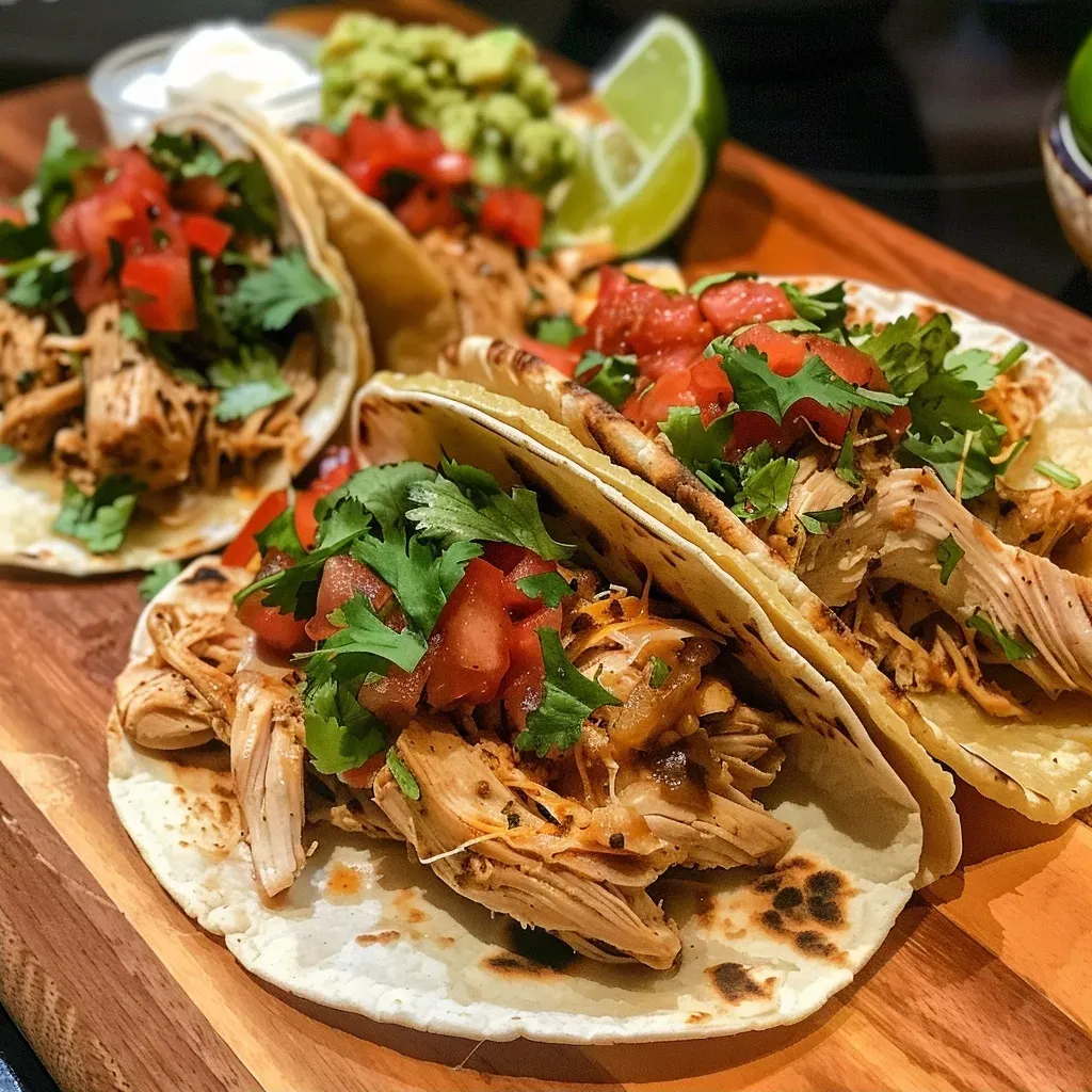 ['Close-up view of juicy Crockpot Chicken Tacos with colorful toppings.', 'Side view of tacos filled with shredded chicken, garnished with cilantro and lime.', 'Delicious chicken tacos on a plate with pico de gallo, guacamole, and cheese.', 'Tacos featuring shredded chicken, vibrant toppings, and a lime wedge for garnish.']