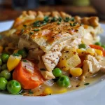 ['A close-up view of a crustless chicken pot pie with colorful vegetables and tender chicken.', 'Juicy crustless chicken pot pie displayed from the side, showcasing its vibrant ingredients.', 'Side view of a delicious crustless chicken pot pie, revealing a medley of chicken, peas, and carrots.', 'A rich and hearty crustless chicken pot pie, highlighting its creamy texture and colorful vegetable filling.']