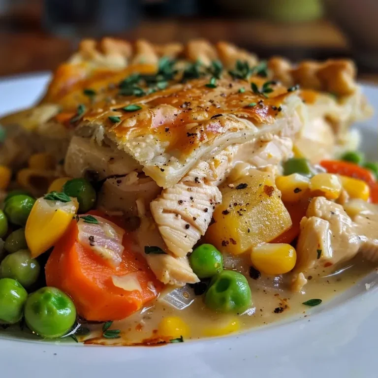 ['A close-up view of a crustless chicken pot pie with colorful vegetables and tender chicken.', 'Juicy crustless chicken pot pie displayed from the side, showcasing its vibrant ingredients.', 'Side view of a delicious crustless chicken pot pie, revealing a medley of chicken, peas, and carrots.', 'A rich and hearty crustless chicken pot pie, highlighting its creamy texture and colorful vegetable filling.']