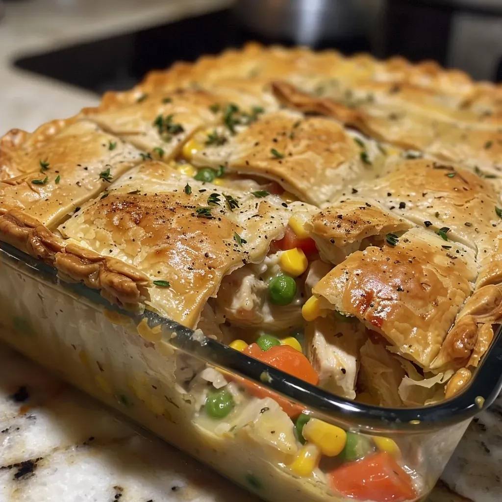 A close-up view of a crustless chicken pot pie with colorful vegetables and tender chicken.