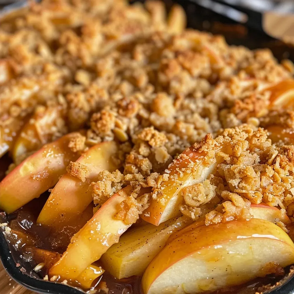 ['Close-up of a baked apple crisp topped with a golden oat crumble.', 'Side view of a warm apple crisp, showcasing juicy apple filling and a crumbly topping.', 'Detailed photo of apple crisp dessert with visible apple chunks and cinnamon topping.', 'Close-up image of a homemade apple crisp, highlighting its golden brown crust and moist apples.']