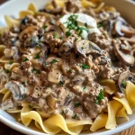 ['Close-up view of a bowl of Easy Beef Stroganoff with egg noodles and garnished with parsley.', 'Side view of a creamy Easy Beef Stroganoff featuring ground beef and mushrooms, served in a white bowl.', 'Juicy Easy Beef Stroganoff displayed with fresh parsley on top, highlighting the rich sauce and tender beef.', 'Appetizing plate of Easy Beef Stroganoff, showcasing egg noodles topped with a savory beef and mushroom mix.']