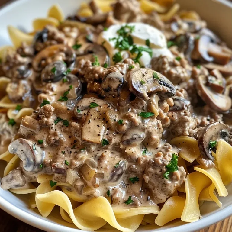 ['Close-up view of a bowl of Easy Beef Stroganoff with egg noodles and garnished with parsley.', 'Side view of a creamy Easy Beef Stroganoff featuring ground beef and mushrooms, served in a white bowl.', 'Juicy Easy Beef Stroganoff displayed with fresh parsley on top, highlighting the rich sauce and tender beef.', 'Appetizing plate of Easy Beef Stroganoff, showcasing egg noodles topped with a savory beef and mushroom mix.']