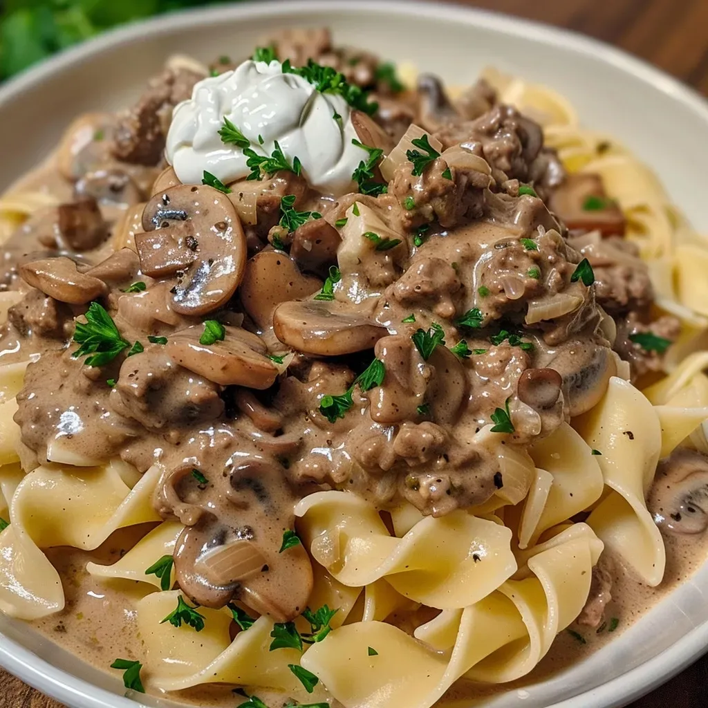['Close-up view of a bowl of Easy Beef Stroganoff with egg noodles and garnished with parsley.', 'Side view of a creamy Easy Beef Stroganoff featuring ground beef and mushrooms, served in a white bowl.', 'Juicy Easy Beef Stroganoff displayed with fresh parsley on top, highlighting the rich sauce and tender beef.', 'Appetizing plate of Easy Beef Stroganoff, showcasing egg noodles topped with a savory beef and mushroom mix.']