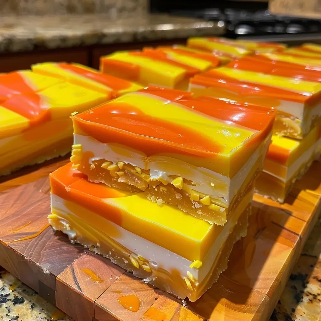 ['Close-up side view of colorful Easy Candy Corn Fudge with yellow and orange layers.', 'Deliciously layered Easy Candy Corn Fudge in vibrant white, yellow, and orange hues.', 'A slice of Easy Candy Corn Fudge showcasing its creamy texture and festive colors.', 'Side view of creamy Easy Candy Corn Fudge, featuring bright yellow and orange stripes.']
