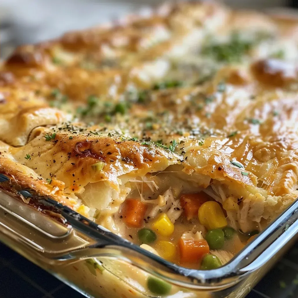 ['Close-up view of a golden-brown chicken pot pie casserole with biscuit topping.', 'Side view of a homemade chicken pot pie casserole filled with chicken, vegetables, and sauce.', 'Delicious and hearty chicken pot pie casserole with a flaky biscuit crust, fresh from the oven.', 'Juicy chicken pot pie casserole showcasing a creamy filling and golden biscuit topping.']