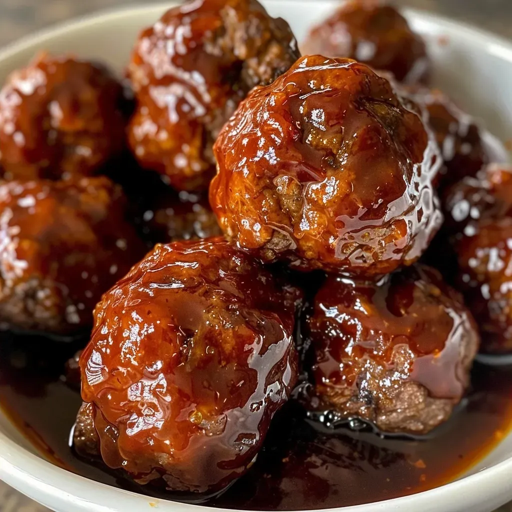 ['Juicy BBQ meatballs in a close-up shot on a wooden table.', 'Tender meatballs coated in BBQ sauce, viewed from the side.', 'A side view of glistening meatballs in BBQ sauce on a plate.', 'Close-up of deliciously sticky BBQ meatballs ready to serve.']