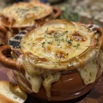 ['Close-up view of a bowl of Easy French Onion Soup topped with melted cheese.', 'Side shot of a steaming bowl of French Onion Soup with bread and cheese on top.', 'A delicious serving of Easy French Onion Soup featuring caramelized onions and herbs.', 'Bowl filled with rich French Onion Soup garnished with thyme and crispy baguette.']
