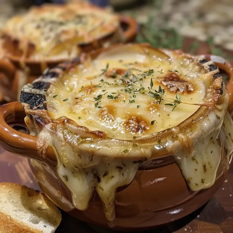 ['Close-up view of a bowl of Easy French Onion Soup topped with melted cheese.', 'Side shot of a steaming bowl of French Onion Soup with bread and cheese on top.', 'A delicious serving of Easy French Onion Soup featuring caramelized onions and herbs.', 'Bowl filled with rich French Onion Soup garnished with thyme and crispy baguette.']