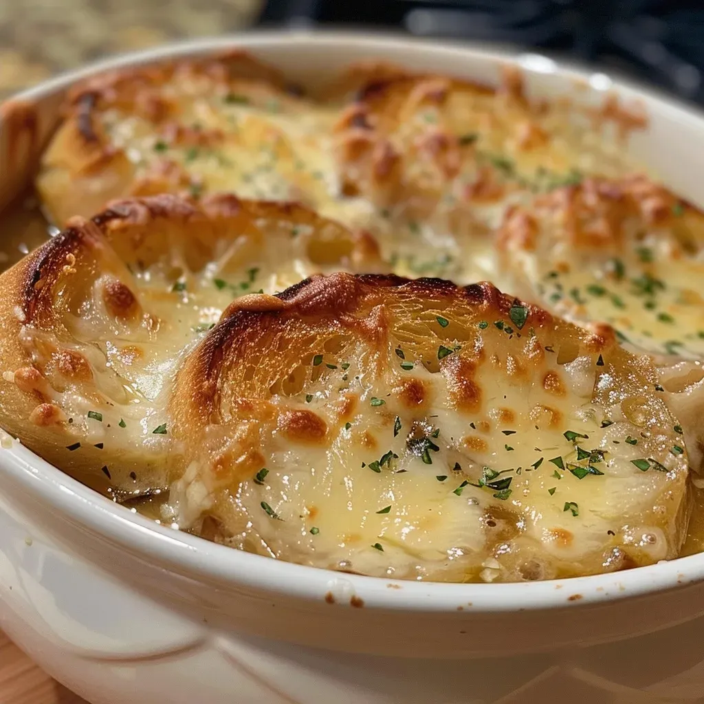['Close-up view of a bowl of Easy French Onion Soup topped with melted cheese.', 'Side shot of a steaming bowl of French Onion Soup with bread and cheese on top.', 'A delicious serving of Easy French Onion Soup featuring caramelized onions and herbs.', 'Bowl filled with rich French Onion Soup garnished with thyme and crispy baguette.']