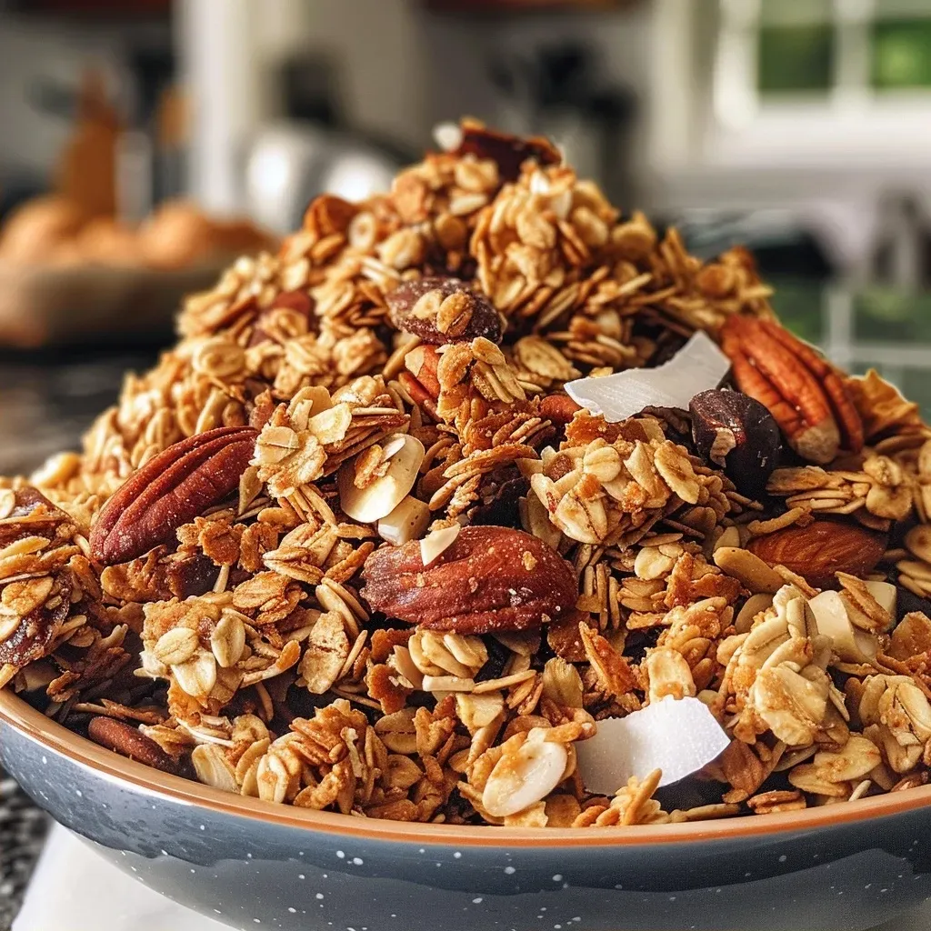 ['Close-up view of crunchy granola clusters with nuts and coconut.', 'Textured granola made from oats, almonds, and pecans displayed on a dark surface.', 'Delicious homemade granola clusters featuring oats, coconut, and sunflower seeds.', 'Appealing clusters of granola with a mix of nuts and coconut flakes.']