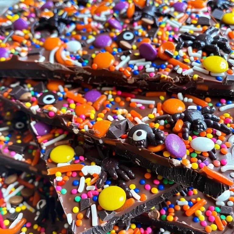 ['Close-up view of colorful Halloween chocolate bark featuring candy eyes and gummy worms.', 'Side view of Halloween-themed chocolate bark decorated with sprinkles and spider candies.', 'Delicious chocolate bark with various toppings, including biscuits and gummy candies, shown in detail.', 'Festive Halloween chocolate bark, showcasing a mix of treats like candy eyes and colorful sprinkles.']