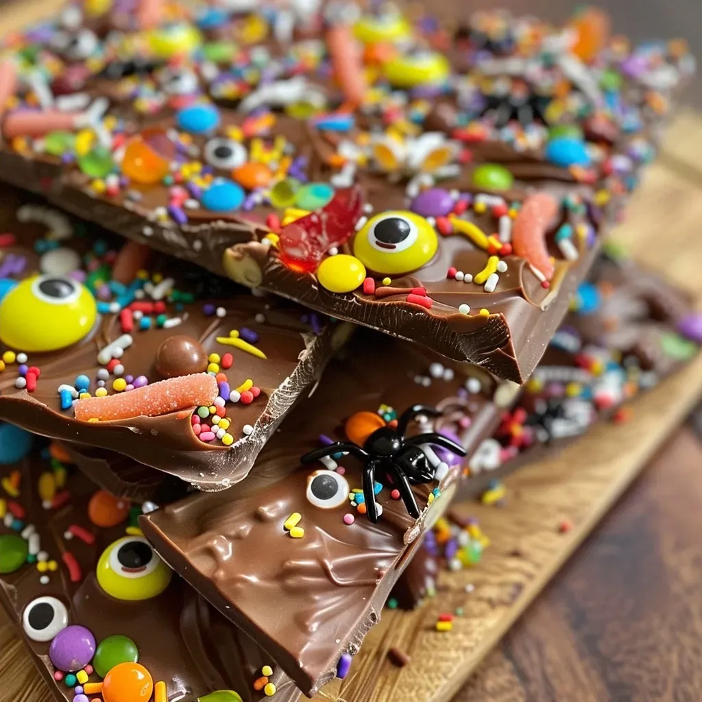 ['Close-up view of colorful Halloween chocolate bark featuring candy eyes and gummy worms.', 'Side view of Halloween-themed chocolate bark decorated with sprinkles and spider candies.', 'Delicious chocolate bark with various toppings, including biscuits and gummy candies, shown in detail.', 'Festive Halloween chocolate bark, showcasing a mix of treats like candy eyes and colorful sprinkles.']