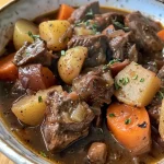 ['A close-up view of a steaming bowl of beef stew, showcasing chunks of beef, carrots, and potatoes.', 'Side view of a hearty beef stew in a bowl, filled with vegetables and broth.', 'Juicy homemade beef stew with visible ingredients like beef chunks, carrots, and potatoes.', 'A vibrant bowl of easy homemade beef stew, featuring a rich broth and fresh herbs.']