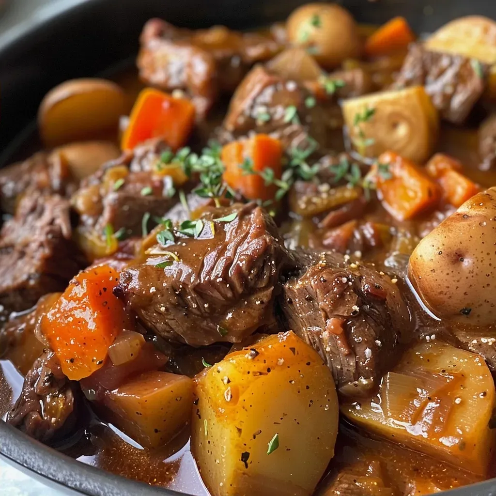 ['A close-up view of a steaming bowl of beef stew, showcasing chunks of beef, carrots, and potatoes.', 'Side view of a hearty beef stew in a bowl, filled with vegetables and broth.', 'Juicy homemade beef stew with visible ingredients like beef chunks, carrots, and potatoes.', 'A vibrant bowl of easy homemade beef stew, featuring a rich broth and fresh herbs.']