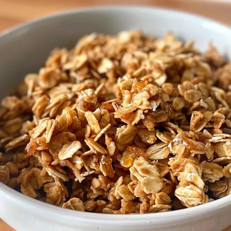 ['A side view close-up of a bowl filled with golden-brown granola, featuring oats, nuts, and spices.', 'Juicy Easy Maple Cinnamon Granola displayed in a clear bowl, showcasing its crunchy texture and rich color.', 'An inviting side view of granola with cinnamon and maple syrup, highlighting its ingredients and freshness.', 'A detailed close-up of granola pieces with a shiny glaze, emphasizing the maple syrup and cinnamon.']