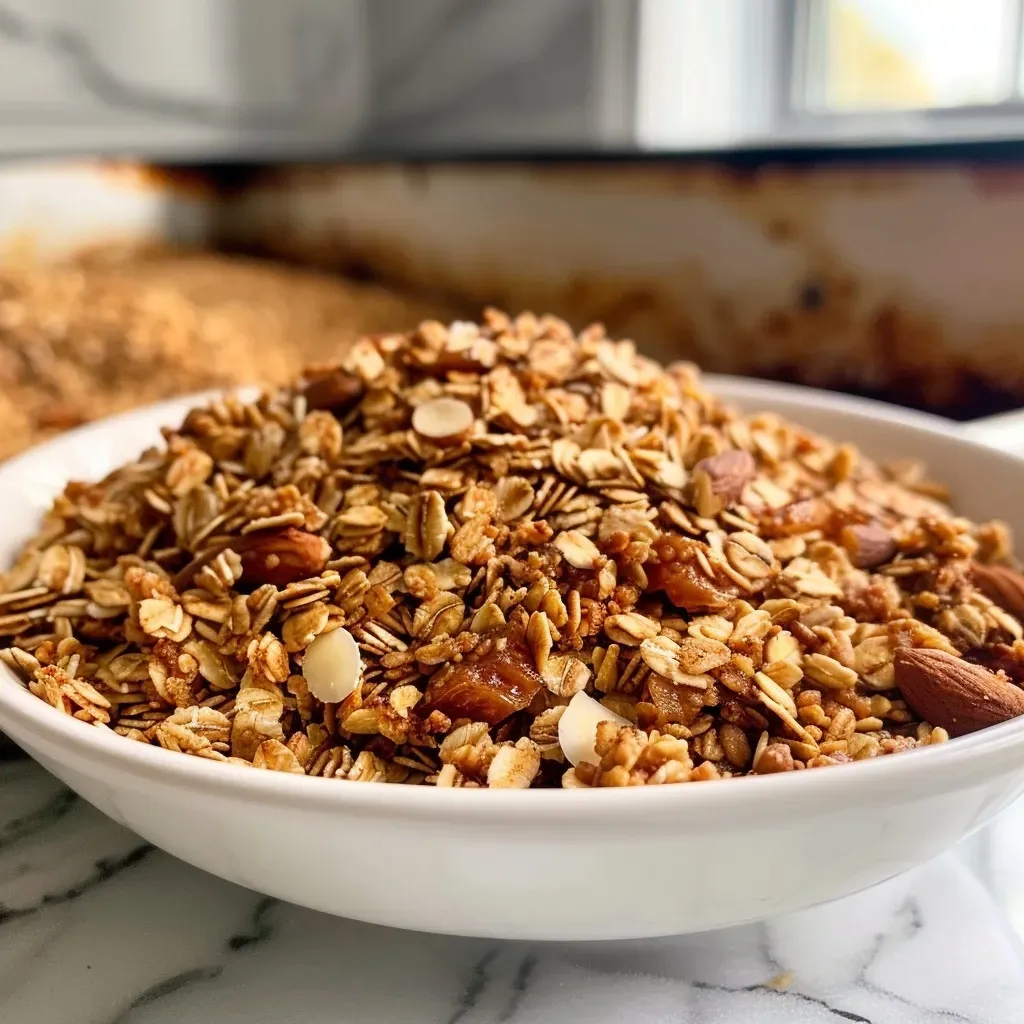 A side view close-up of a bowl filled with golden-brown granola, featuring oats, nuts, and spices.