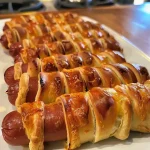 ['Close up of Easy Mummy Hot Dogs wrapped in crescent dough, showcasing their golden-brown color.', 'Side view of juicy Easy Mummy Hot Dogs with crispy crescent dough, ready to eat.', 'Plated Easy Mummy Hot Dogs, featuring a crispy exterior and succulent hot dogs inside.', 'Appetizing close up of Easy Mummy Hot Dogs, highlighting the flaky dough and juicy filling.']