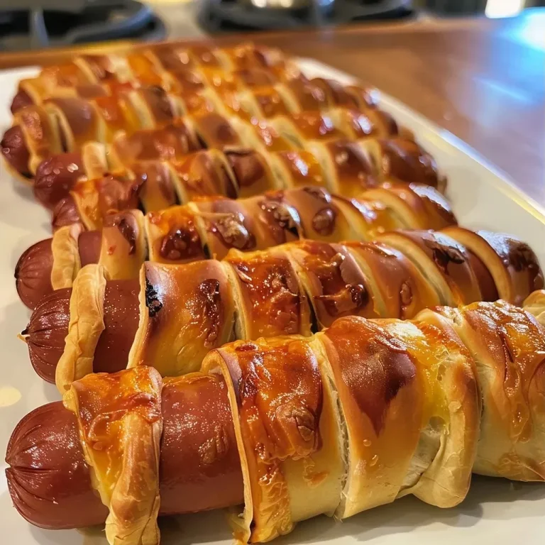 ['Close up of Easy Mummy Hot Dogs wrapped in crescent dough, showcasing their golden-brown color.', 'Side view of juicy Easy Mummy Hot Dogs with crispy crescent dough, ready to eat.', 'Plated Easy Mummy Hot Dogs, featuring a crispy exterior and succulent hot dogs inside.', 'Appetizing close up of Easy Mummy Hot Dogs, highlighting the flaky dough and juicy filling.']