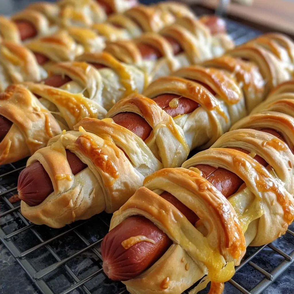['Close up of Easy Mummy Hot Dogs wrapped in crescent dough, showcasing their golden-brown color.', 'Side view of juicy Easy Mummy Hot Dogs with crispy crescent dough, ready to eat.', 'Plated Easy Mummy Hot Dogs, featuring a crispy exterior and succulent hot dogs inside.', 'Appetizing close up of Easy Mummy Hot Dogs, highlighting the flaky dough and juicy filling.']