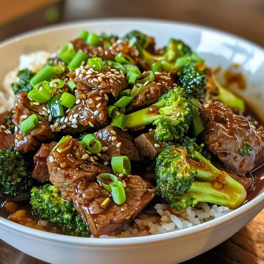 ['Juicy slices of beef and vibrant broccoli in a savory sauce, served in a bowl.', 'Close-up view of beef and broccoli dish, showcasing tender meat and bright green florets.', 'Side view of a hearty slow cooker beef and broccoli meal in a bowl, highlighting garnishes.', 'Delicious beef strips and broccoli in a rich sauce, presented attractively in a serving bowl.']