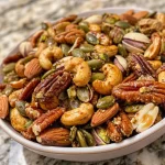 ['A close-up side view of a bowl filled with spiced nuts, showcasing their rich colors and textures.', 'An iPhone photo of assorted spiced nuts, displaying almonds, pecans, cashews, pistachios, and pumpkin seeds.', 'A vibrant arrangement of easy spiced nuts, highlighting their glossy coating and various shapes.', 'Detailed view of roasted nuts, glistening with spices and maple syrup, set against a simple background.']
