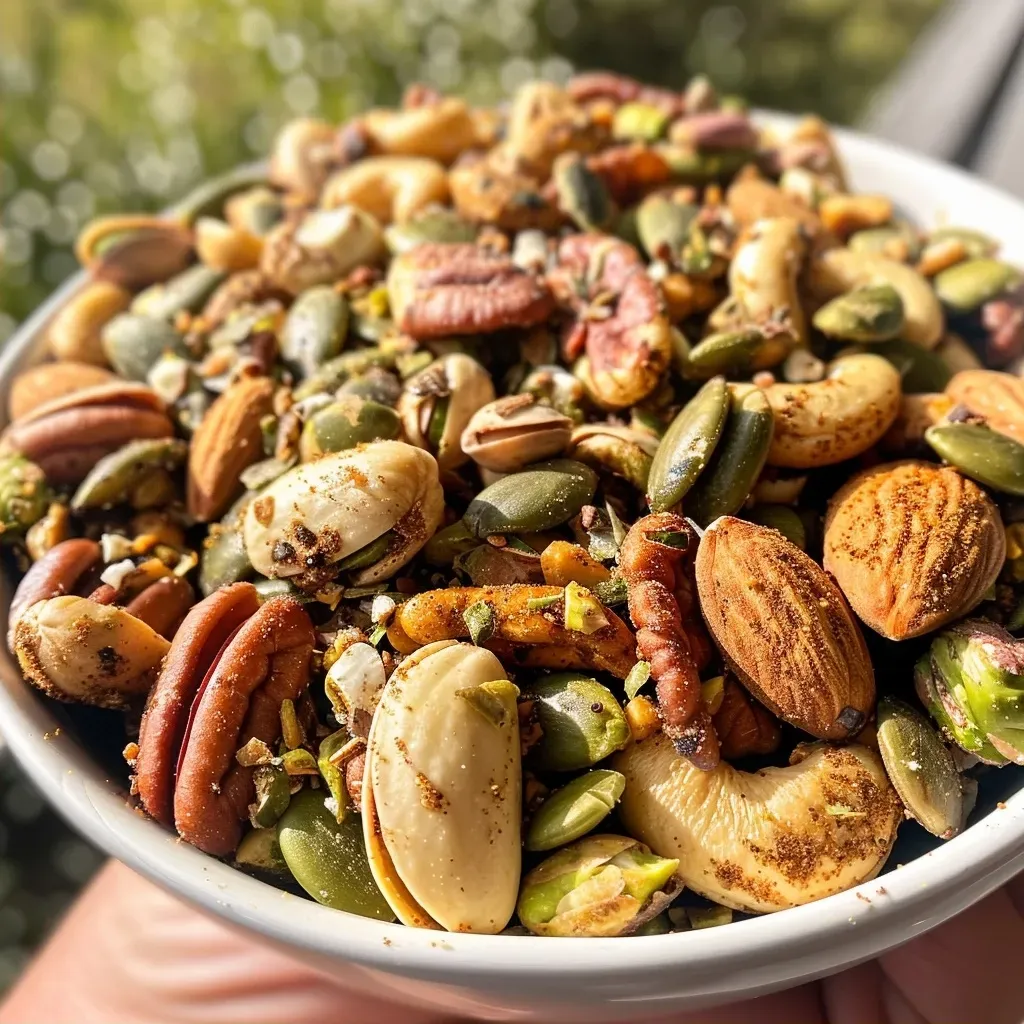 ['A close-up side view of a bowl filled with spiced nuts, showcasing their rich colors and textures.', 'An iPhone photo of assorted spiced nuts, displaying almonds, pecans, cashews, pistachios, and pumpkin seeds.', 'A vibrant arrangement of easy spiced nuts, highlighting their glossy coating and various shapes.', 'Detailed view of roasted nuts, glistening with spices and maple syrup, set against a simple background.']