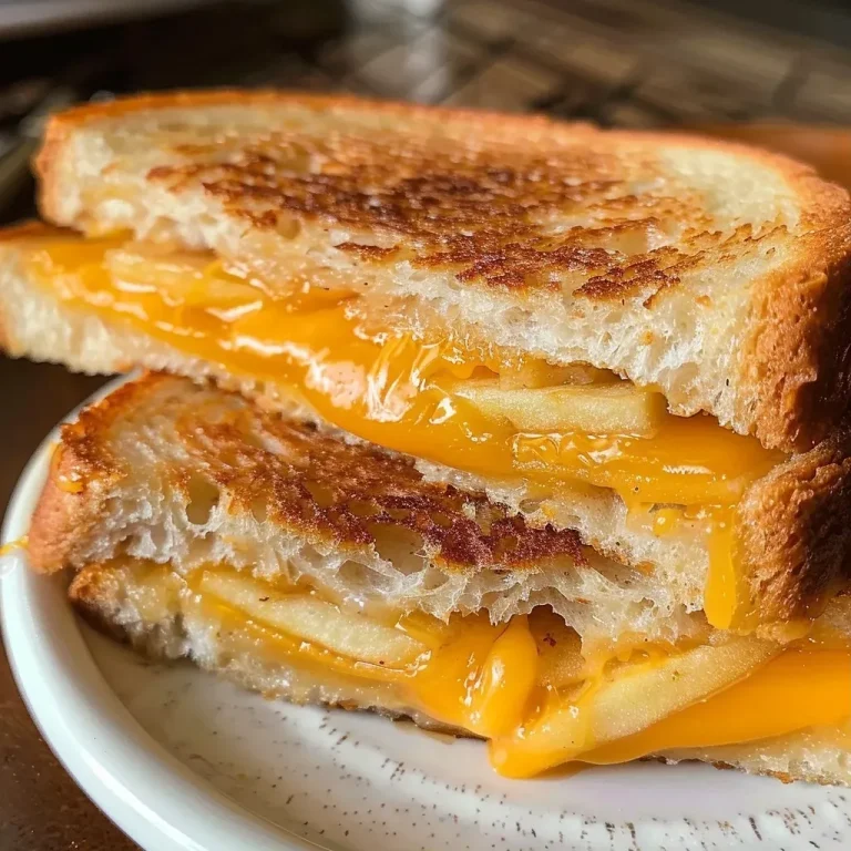 ['Close-up view of a gooey apple cheddar grilled cheese sandwich with crispy sourdough bread.', 'Side profile of a melted apple cheddar grilled cheese featuring sliced honey crisp apples.', 'A delicious grilled cheese sandwich with cheddar cheese and apple slices, golden brown crust.', 'Juicy apple cheddar grilled cheese showcasing layers of cheese and apple in toasted bread.']