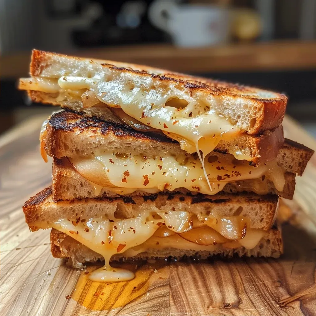 ['Close-up view of a gooey apple cheddar grilled cheese sandwich with crispy sourdough bread.', 'Side profile of a melted apple cheddar grilled cheese featuring sliced honey crisp apples.', 'A delicious grilled cheese sandwich with cheddar cheese and apple slices, golden brown crust.', 'Juicy apple cheddar grilled cheese showcasing layers of cheese and apple in toasted bread.']