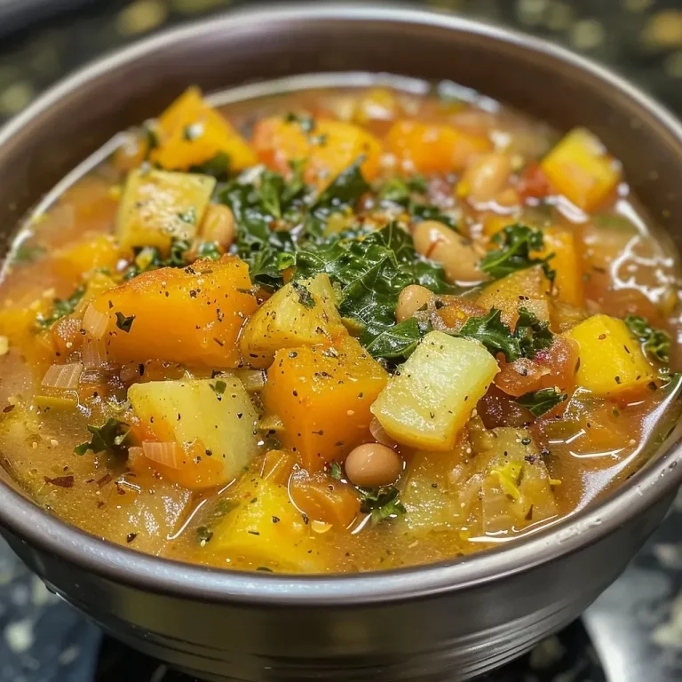 ['Close-up view of a bowl filled with colorful Fall Harvest Soup.', 'Side angle of a hearty soup featuring butternut squash and kale.', 'Detailed shot of a rich vegetable soup with fresh herbs and beans.', 'Appetizing Fall Harvest Soup showcasing vibrant ingredients and textures.']