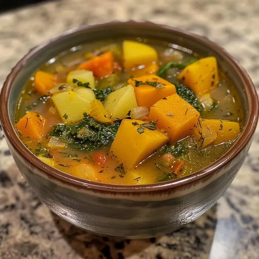 ['Close-up view of a bowl filled with colorful Fall Harvest Soup.', 'Side angle of a hearty soup featuring butternut squash and kale.', 'Detailed shot of a rich vegetable soup with fresh herbs and beans.', 'Appetizing Fall Harvest Soup showcasing vibrant ingredients and textures.']