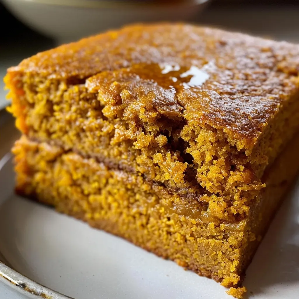 Close-up of a slice of gluten-free pumpkin cornbread with a moist texture and golden crust.