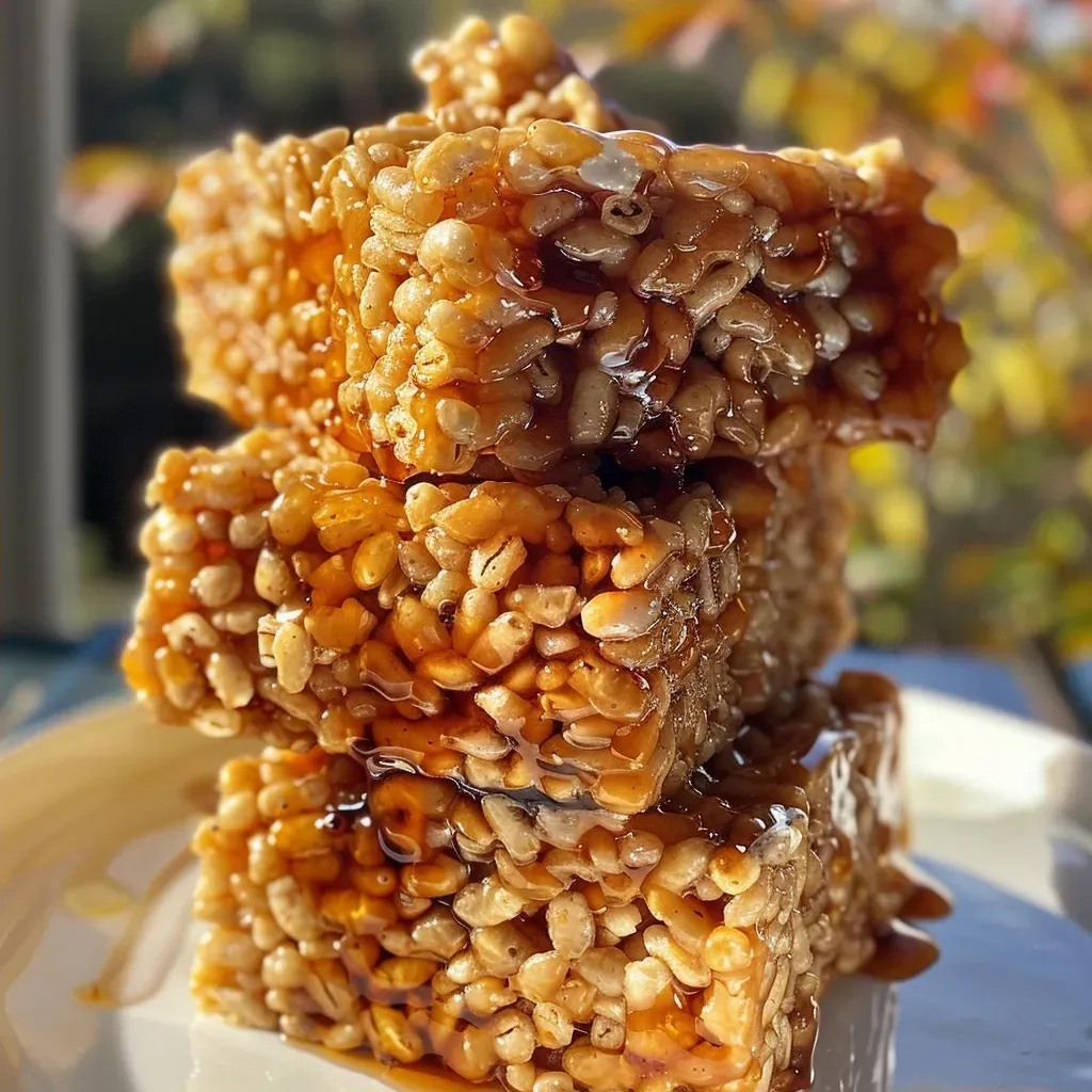 ['Close-up view of gluten-free pumpkin spice rice Krispie treats with a rich orange hue.', 'Side view of delectable rice Krispie treats, showcasing the texture and toppings.', 'Tasty gluten-free rice treats topped with white chocolate chips and pumpkin spices.', 'A delicious stack of pumpkin spice rice Krispie treats on a rustic wooden surface.']