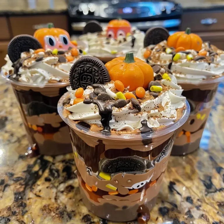 ['Close-up view of Graveyard Pudding Cookie Cups decorated with candy pumpkins and gummy worms.', 'Side view of a dessert featuring Graveyard Pudding Cookie Cups with Oreo crust and black frosting.', 'Juicy Graveyard Pudding Cookie Cups with Milano cookies, candy pumpkins, and googly eyes on top.', 'Deliciously layered Graveyard Pudding Cookie Cups showcasing chocolate pudding and Halloween-themed toppings.']