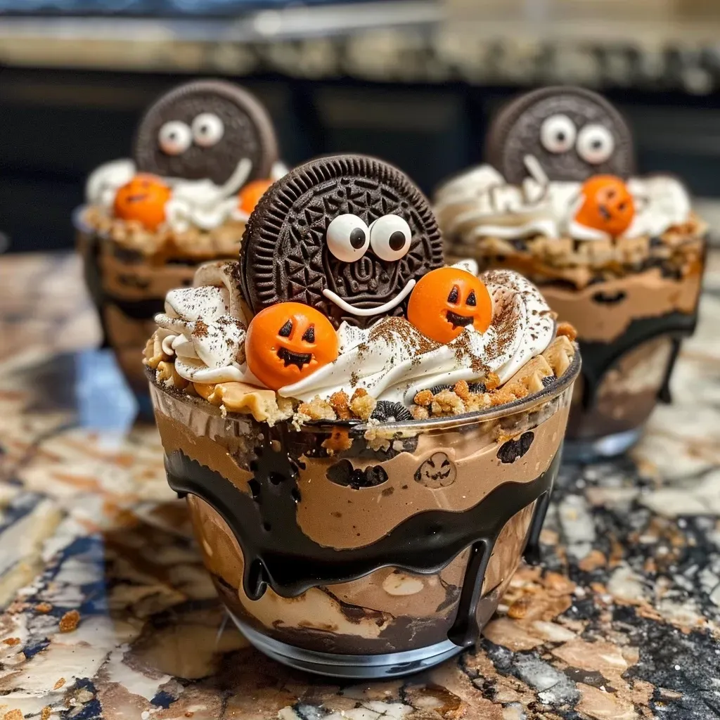 Close-up view of Graveyard Pudding Cookie Cups decorated with candy pumpkins and gummy worms.