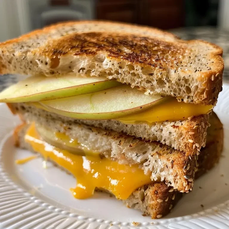 ['Close-up of a grilled cheese sandwich filled with melted cheddar and apple slices.', 'Side view of a gooey grilled cheese with layers of cheddar and thin apple slices.', 'Delicious grilled cheese sandwich featuring cheddar cheese and fresh apple slices.', 'Close-up shot of a grilled cheese with a crispy exterior and apple filling.']