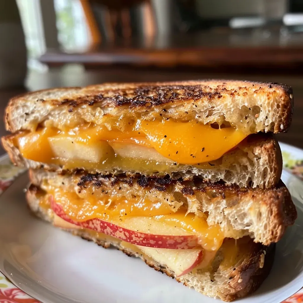['Close-up of a grilled cheese sandwich filled with melted cheddar and apple slices.', 'Side view of a gooey grilled cheese with layers of cheddar and thin apple slices.', 'Delicious grilled cheese sandwich featuring cheddar cheese and fresh apple slices.', 'Close-up shot of a grilled cheese with a crispy exterior and apple filling.']