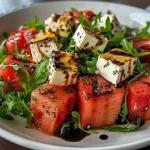 ['Side view of a stacked salad featuring grilled watermelon, feta cheese, and arugula.', 'Close-up image of a vibrant grilled watermelon and feta salad with arugula.', 'Juicy grilled watermelon and feta cheese arranged in a tall salad with leafy greens.', 'Colorful salad showcasing layers of grilled watermelon and feta on a bed of arugula.']