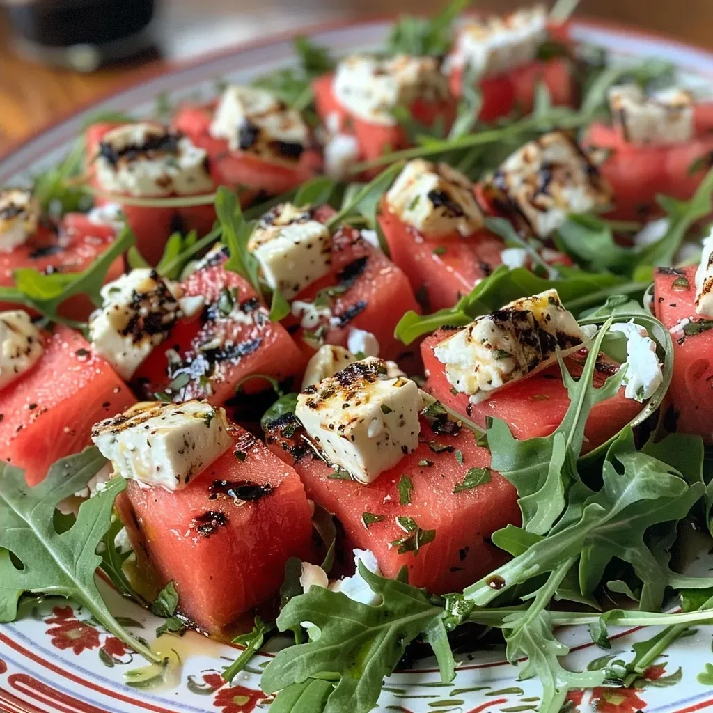 ['Side view of a stacked salad featuring grilled watermelon, feta cheese, and arugula.', 'Close-up image of a vibrant grilled watermelon and feta salad with arugula.', 'Juicy grilled watermelon and feta cheese arranged in a tall salad with leafy greens.', 'Colorful salad showcasing layers of grilled watermelon and feta on a bed of arugula.']