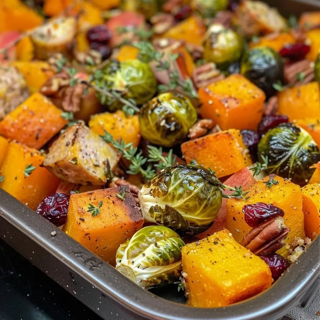 ['Close-up of a hearty Harvest Casserole filled with butternut squash, brussels sprouts, and chicken sausage.', 'Side view of a delicious Harvest Casserole featuring colorful vegetables, chicken sausage, and garnished with fresh herbs.', 'Juicy Harvest Casserole showcasing a mix of diced apple, pecans, and cranberries in a warm dish.', 'A vibrant bowl of Harvest Casserole with butternut squash and herbs, highlighting the texture and ingredients.']