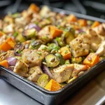 ['Close-up view of a colorful Harvest Chicken Casserole, showcasing diced sweet potatoes, Brussels sprouts, and chicken.', 'Side view of a delicious Harvest Chicken Casserole filled with chicken, vegetables, and grains, served in a baking dish.', 'Juicy Harvest Chicken Casserole featuring a medley of vegetables, almonds, and cranberries, with a golden-brown crust.', 'Appealing side shot of Harvest Chicken Casserole, highlighting its vibrant ingredients and texture in a dish.']