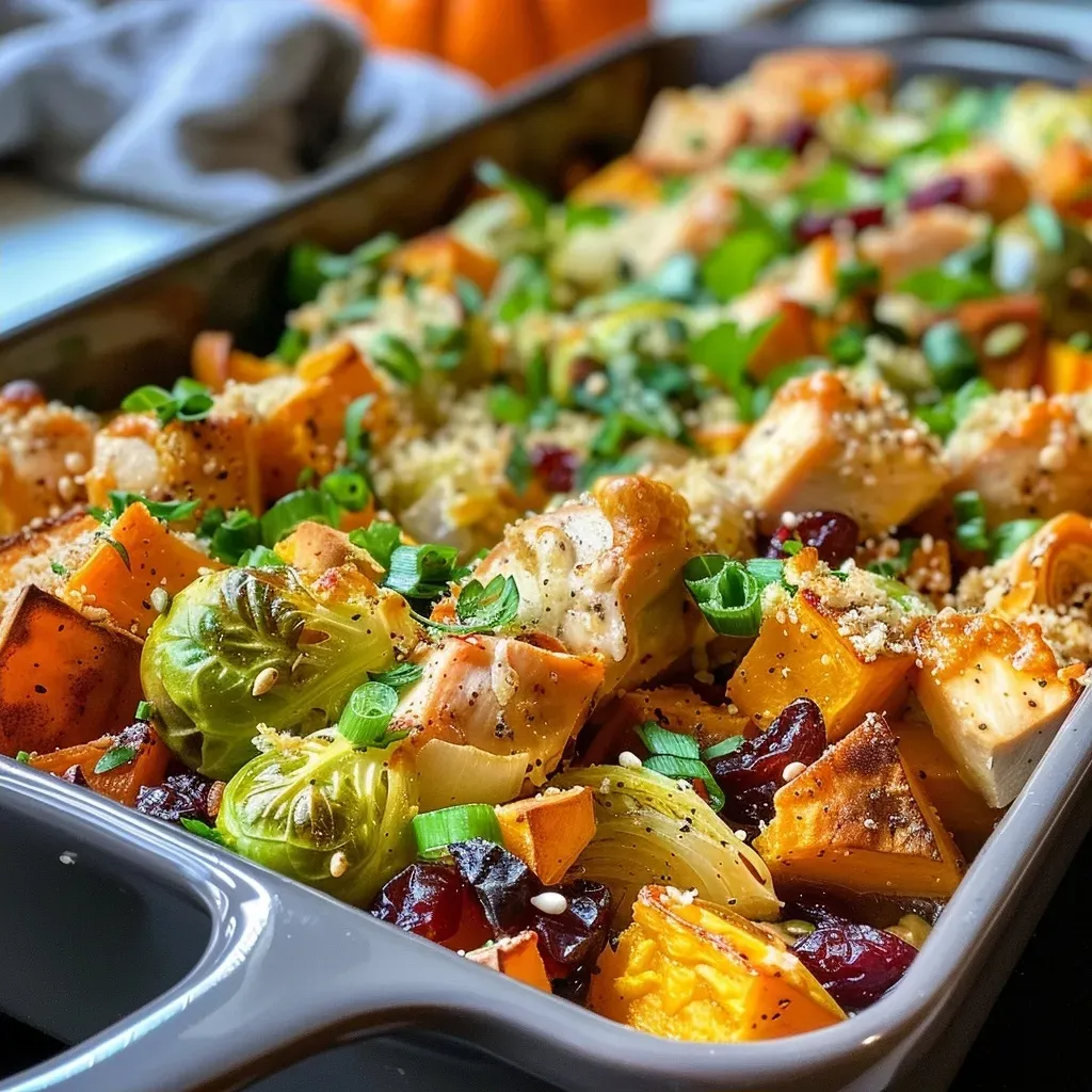 ['Close-up view of a colorful Harvest Chicken Casserole, showcasing diced sweet potatoes, Brussels sprouts, and chicken.', 'Side view of a delicious Harvest Chicken Casserole filled with chicken, vegetables, and grains, served in a baking dish.', 'Juicy Harvest Chicken Casserole featuring a medley of vegetables, almonds, and cranberries, with a golden-brown crust.', 'Appealing side shot of Harvest Chicken Casserole, highlighting its vibrant ingredients and texture in a dish.']