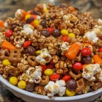 ['A colorful mix of caramel popcorn, pretzels, chocolate candies, and candy corn in a bowl.', 'A close view of Harvest Popcorn Snack Mix showcasing caramel popcorn, Rolos, M&M Cocoa Crisp, candy corn, and pretzel snaps.', 'Juicy Harvest Popcorn Snack Mix featuring various sweet treats and snacks, arranged appetizingly in a bowl.', 'A vibrant assortment of popcorn, candies, and pretzels displayed in a close-up shot.']
