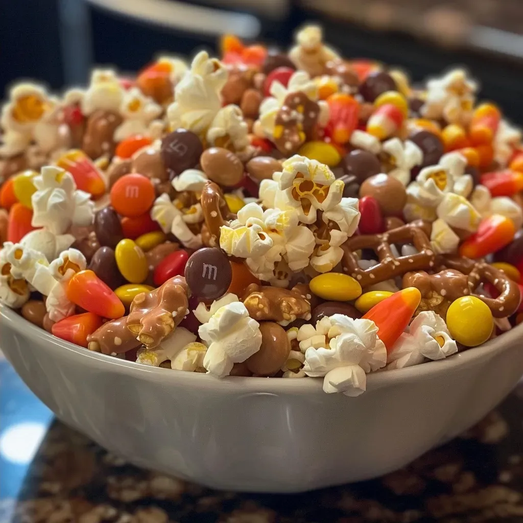 ['A colorful mix of caramel popcorn, pretzels, chocolate candies, and candy corn in a bowl.', 'A close view of Harvest Popcorn Snack Mix showcasing caramel popcorn, Rolos, M&M Cocoa Crisp, candy corn, and pretzel snaps.', 'Juicy Harvest Popcorn Snack Mix featuring various sweet treats and snacks, arranged appetizingly in a bowl.', 'A vibrant assortment of popcorn, candies, and pretzels displayed in a close-up shot.']